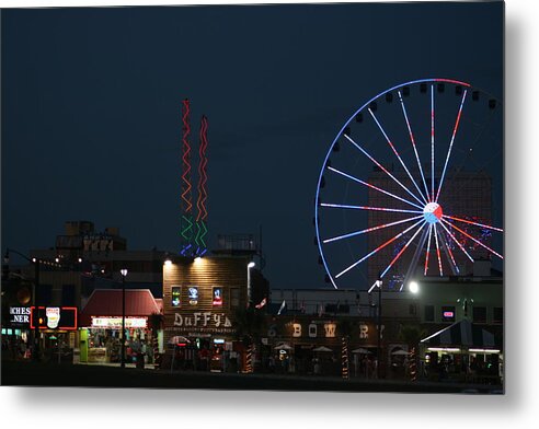 Boardwalk Neon Metal Print featuring the photograph At the Beach by Steve Godleski