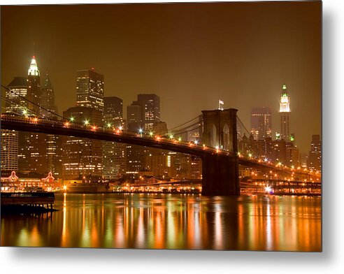 Architecture Metal Print featuring the photograph Brooklyn Bridge and Downtown Manhattan by Val Black Russian Tourchin