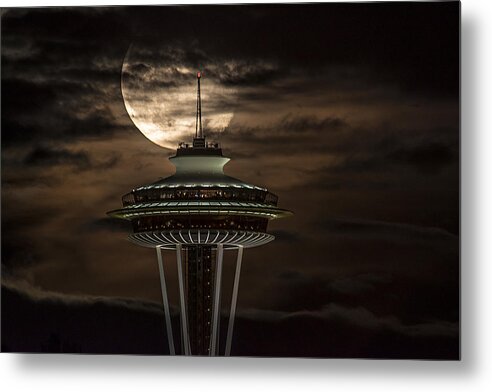 Full Moon Metal Print featuring the photograph Full Moon and Space Needle by Yoshiki Nakamura