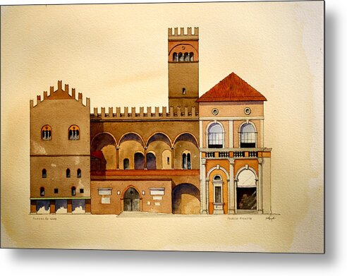 Italian Architecture Metal Print featuring the painting on Piazza Maggiore by William Renzulli