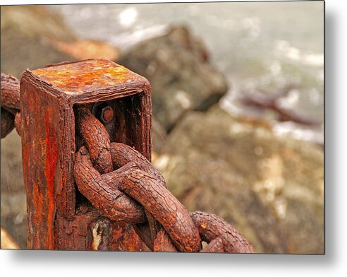 Post Metal Print featuring the photograph San Francisco, California - Rusty Post and Chain by Richard Krebs