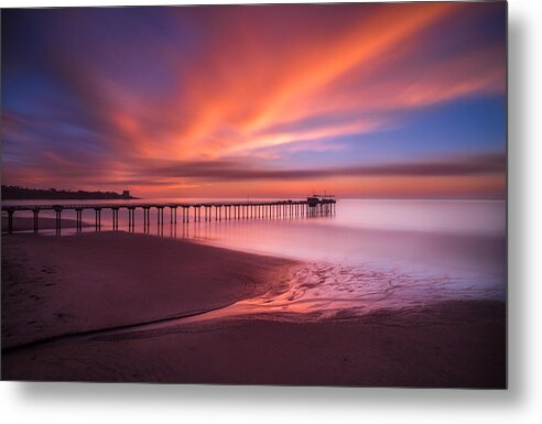 California; Long Exposure; Ocean; Reflection; San Diego; Seascape; Sky; Sunset; Surf; Clouds; Waves Metal Print featuring the photograph Scripps Pier Sunset by Larry Marshall