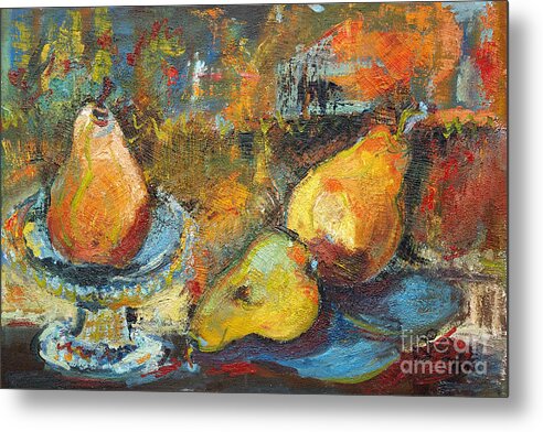Pears Metal Print featuring the painting Three Pears Oil Painting by Ginette Callaway