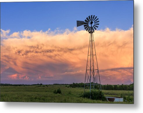 Blue Sky Metal Print featuring the photograph Kansas Windmill and Storm by Scott Bean