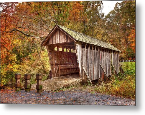 Autumn Metal Print featuring the photograph Autumn Fall Colors - Pisgah Covered Bridge by Dan Carmichael
