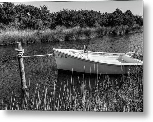 Ocracoke Island Metal Print featuring the photograph Boat on Pamlico Sound Ocracoke Island Outer Banks BW by Dan Carmichael