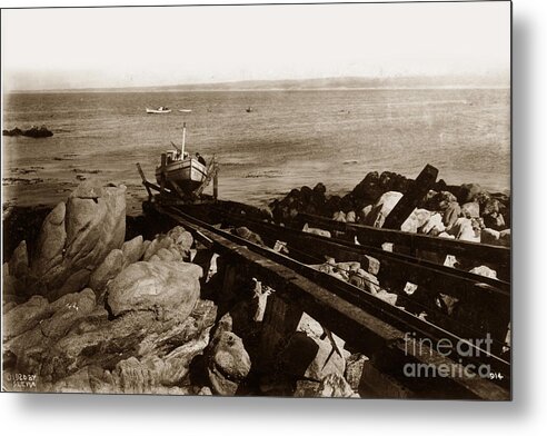 Fishing Boat Metal Print featuring the photograph Fishing Boat B 399 on Marine Railway System 1920 by Monterey County Historical Society