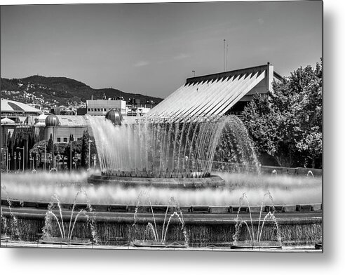 Barcelona Metal Print featuring the photograph Fountains Landscape in Mono by Georgia Clare