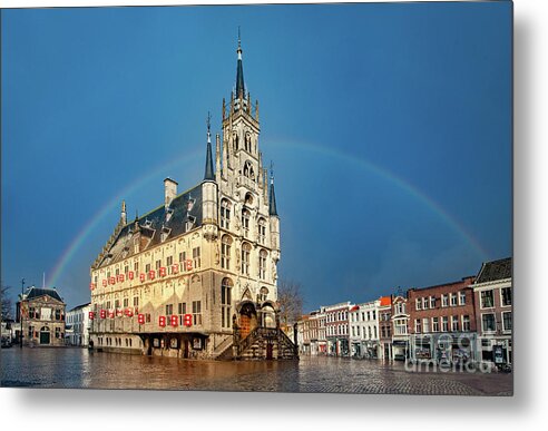 Gouda Metal Print featuring the photograph Rainbow over Town Hall Gouda by Casper Cammeraat