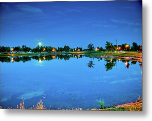 Clouds Metal Print featuring the photograph River Walk Park Full Moon Reflection 3 by Connie Cooper-Edwards