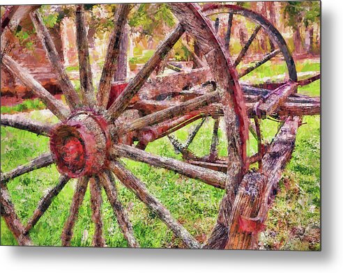 North Carolina Metal Print featuring the painting Vintage Wooden Wagon Wheel at Mabry Mill AP by Dan Carmichael