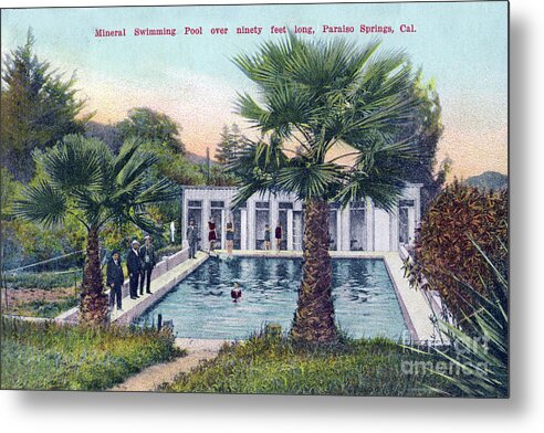 Mineral Metal Print featuring the photograph Mineral Swimming Pool over ninety feet long, Paraiso Springs, Ca 1910 by Monterey County Historical Society