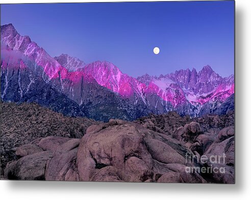 Moon Metal Print featuring the photograph Moonset At Dawn Eastern Sierras Alabama Hills California by Dave Welling