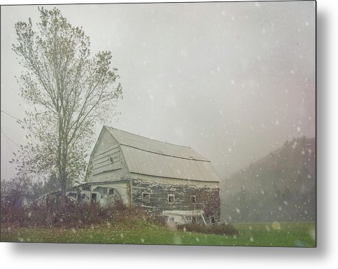 Snow Squall Metal Print featuring the photograph Rustic Barn - Snow squall in Granville, VT by Joann Vitali