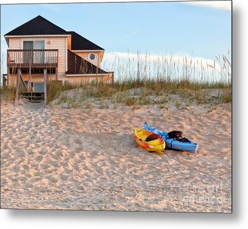 Active Metal Print featuring the photograph Kayaks Rest On Sand Dune In Morning Sun. by Jo Ann Tomaselli