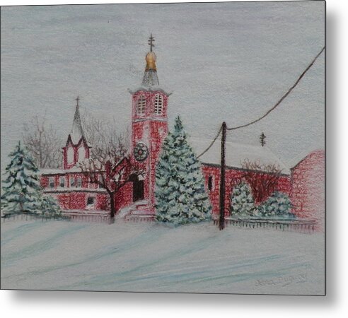 Prismacolor Pencil Metal Print featuring the drawing St. Nicholas Church Roebling New Jersey by Lora Duguay