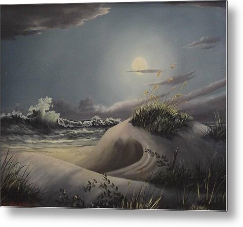 Landscape Metal Print featuring the painting Waves and moonlight by Wanda Dansereau
