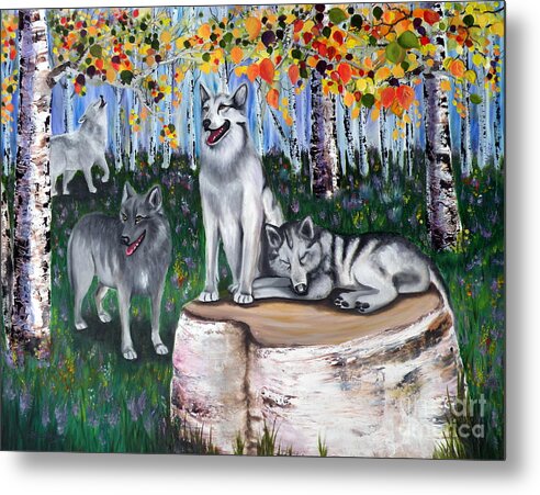 Wolves Metal Print featuring the painting Zorros Wolves Amid the Aspens by Lora Duguay