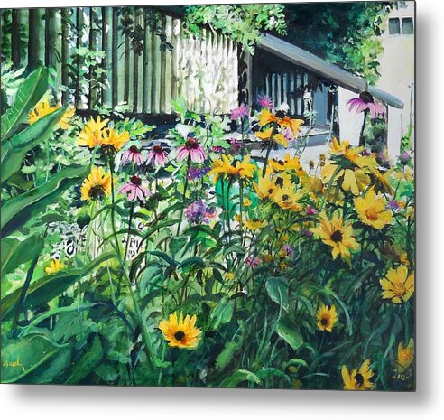 Flowers Yellow Metal Print featuring the painting Kathys Garden by William Brody