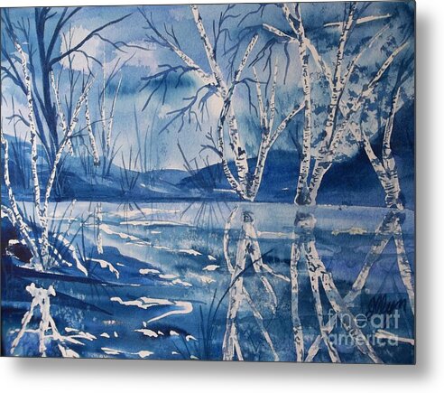 Birch Trees Metal Print featuring the painting Birches in Blue by Ellen Levinson