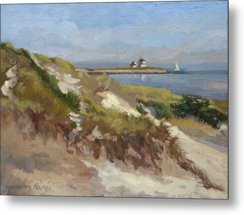 Seascape Metal Print featuring the painting Dunes of Napatree with Watchhill Light by Jennifer Holmes