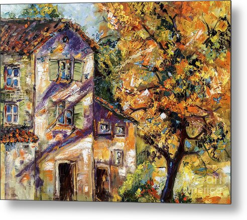 Autumn Metal Print featuring the painting Farmhouse Autumn Tree and Afternoon Sun by Ginette Callaway