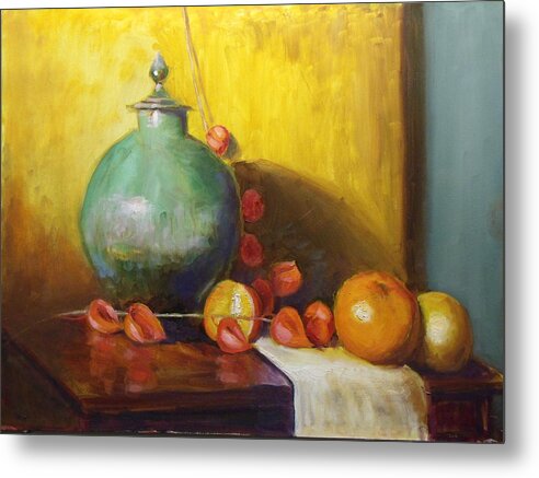 Still Life Metal Print featuring the painting Pot with Fruit by Nicolas Bouteneff