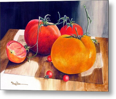Mary Dove Art Metal Print featuring the painting Red and Yellow Tomatoes by Mary Dove
