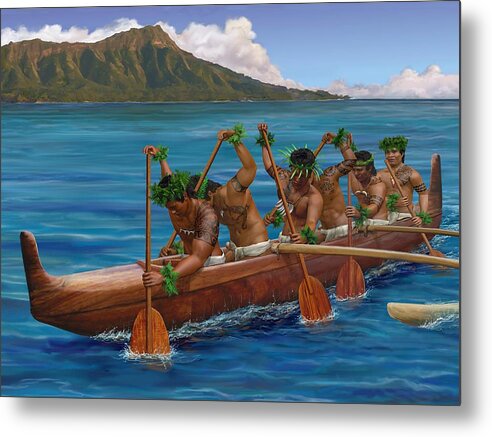 Hawaii Metal Print featuring the painting Kane Hawaiian Canoe Paddlers by Stephen Jorgensen