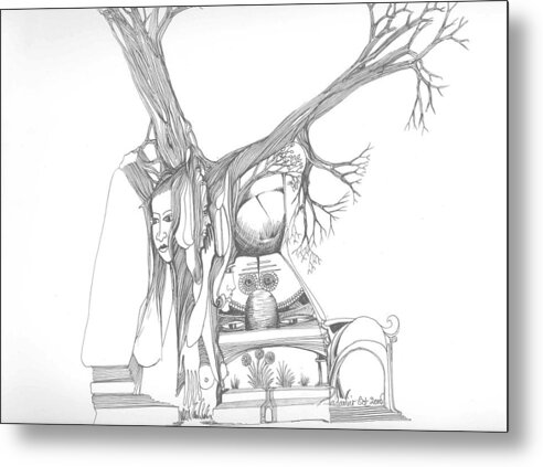 Women Metal Print featuring the drawing A woman a temple a tree and some rocks by Padamvir Singh