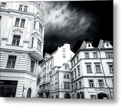 Three Buildings In Prague Metal Print featuring the photograph Three Buildings in Prague by John Rizzuto
