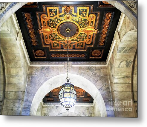 New York Public Library Interior Chandelier Metal Print featuring the photograph New York Public Library Interior Chandelier in Manhattan by John Rizzuto