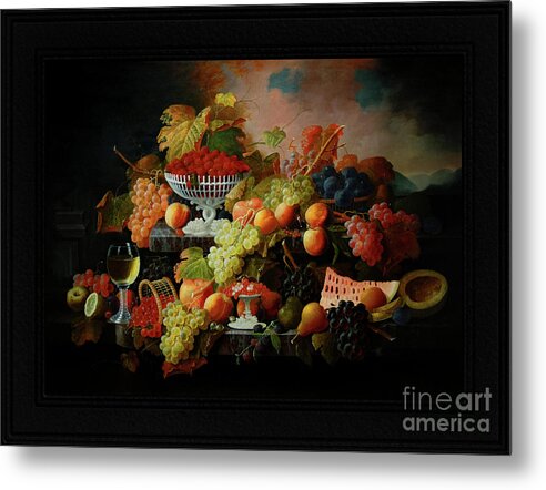 Abundance Of Fruit Metal Print featuring the painting Abundance of Fruit by Severin Roesen Old Masters Classical Fine Art Reproduction by Rolando Burbon