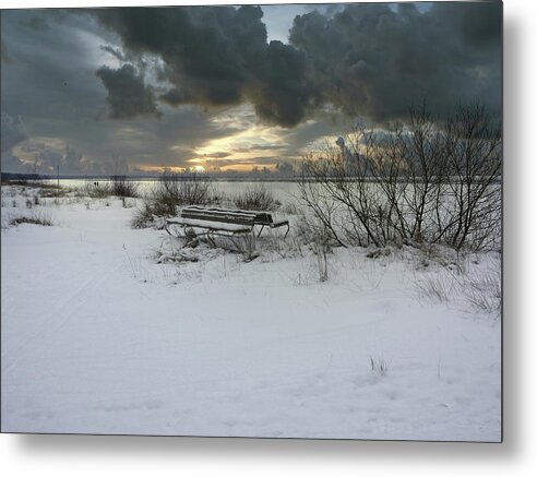 Wintertime Metal Print featuring the photograph Winter Beach At Sunset Time Jurmala by Aleksandrs Drozdovs