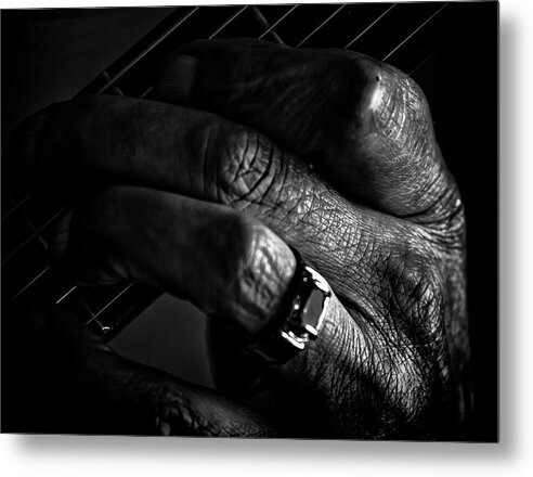 Photography #monochrome Photography #black And White Art #my Hands#playing Blues#guitar #guitar Strings#music In My Soul#close Up#macro#artistic#musical Performance #fine Art Metal Print featuring the photograph Playing The Blues.. by Aleksandrs Drozdovs