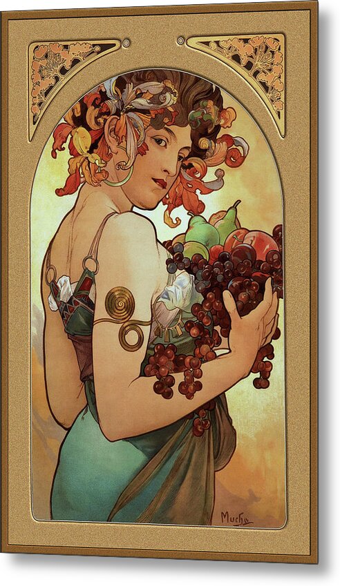 Fruit Metal Print featuring the painting Fruit by Alphonse Mucha by Rolando Burbon