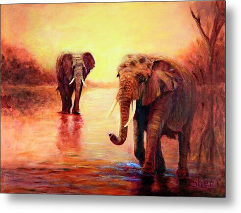 African Elephants Metal Print featuring the painting African Elephants at Sunset in the Serengeti by Sher Nasser