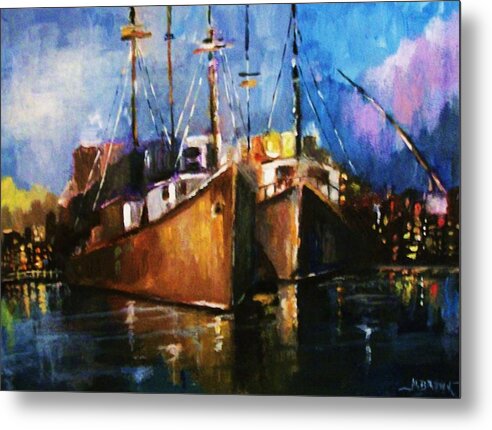 Ships Metal Print featuring the painting The Pier at Sunset by Al Brown