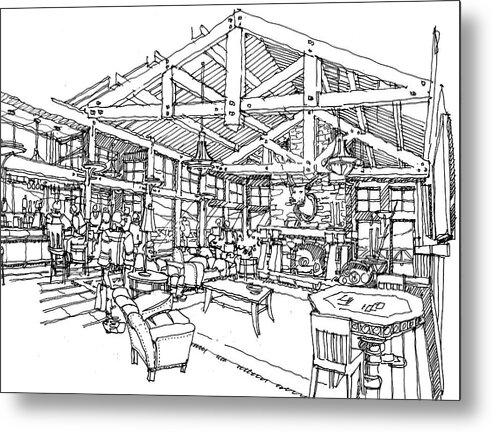 Jnterior Image Of Rustic Skiing Lodge Metal Print featuring the drawing Lodge #1 by Andrew Drozdowicz