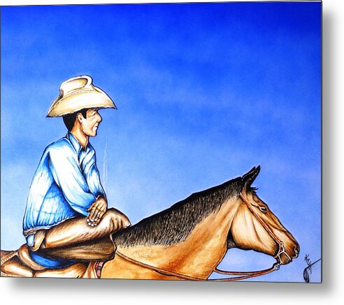 Mixed Media Metal Print featuring the painting Cowboy Smoke Break by Kem Himelright