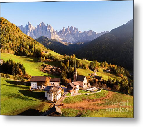 Dolomites Metal Print featuring the photograph Aerial view of famous town in autumn, Dolomites, Italy by Matteo Colombo