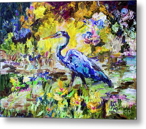 Birds Metal Print featuring the painting Blue Heron Wetland Magic Palette Knife Oil Painting by Ginette Callaway