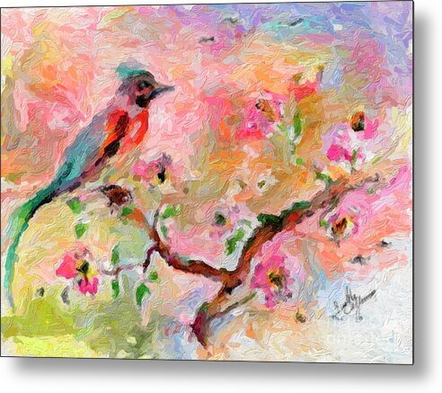 Birds Metal Print featuring the digital art Song Bird and pink blossoms Digital Impressionism by Ginette Callaway