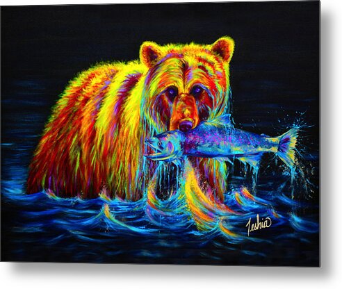 Grizzly Metal Poster featuring the painting Night of the Grizzly by Teshia Art