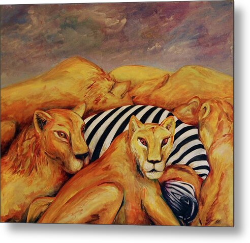 Lions Metal Print featuring the painting The Lion Feast by Danielle Hacker