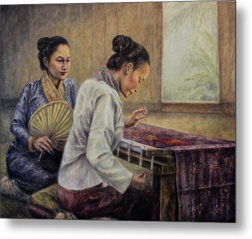 Luang Prabang Metal Print featuring the painting The Patron and Embroiderer by Sompaseuth Chounlamany