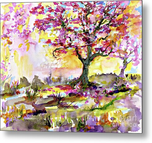 Trees Metal Print featuring the painting Spring Blossom Tree Warm Watercolor by Ginette Callaway