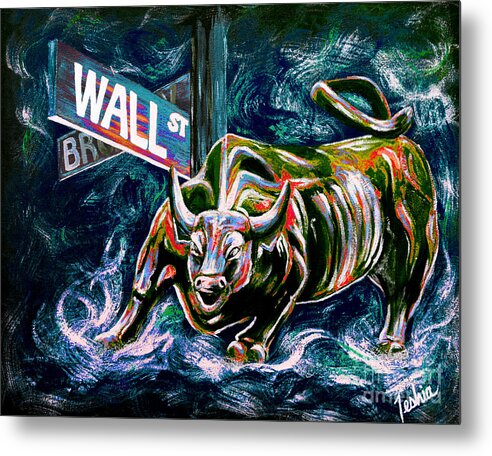 Wall Street Metal Print featuring the painting Bull Market Night by Teshia Art
