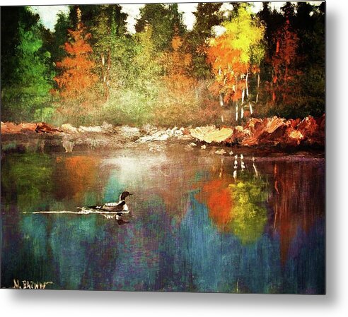 Loon Metal Print featuring the painting Autumn Lake Reflections by Al Brown