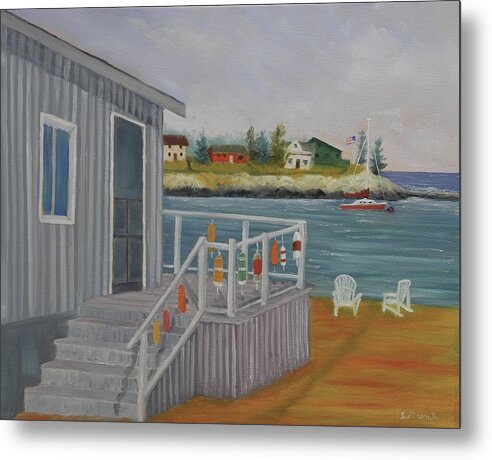 Seascape Landscape Ocean Waves Water Cottage Boat Cove Chamberlain Maine Metal Print featuring the painting Long Cove View by Scott W White